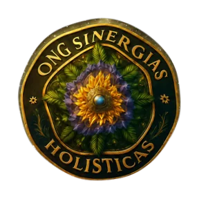 Emblema da Sinergias Holísticas: um círculo dourado com um girassol e pétalas roxas ao centro, rodeado de folhagem