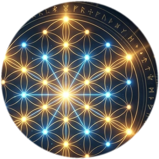 Mandala geométrica dourada e azul representando a rede de sinergias descobertas pela plataforma